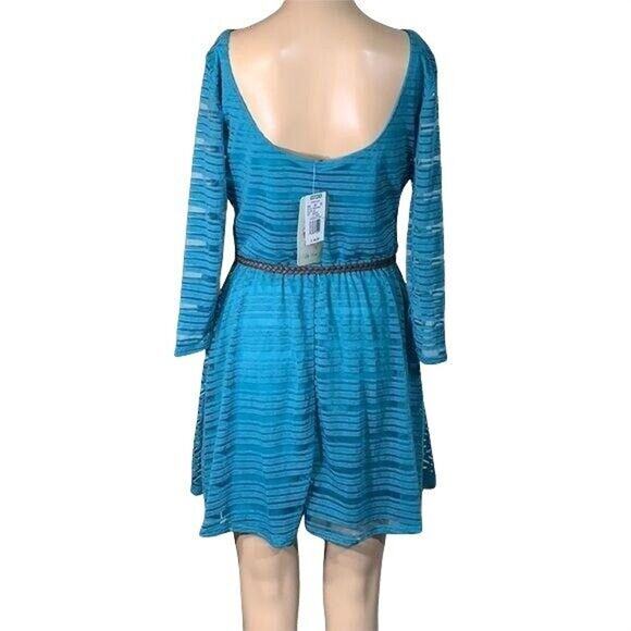 Lily Rose Womens Dress Lightweight Shadow Striped Belted Turquoise Teal Medium - Picture 3 of 9